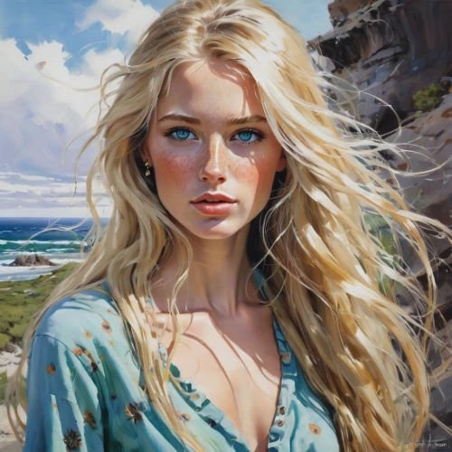 blonde woman,blond girl,girl on the dune,fantasy portrait,fantasy art,blonde girl,the blonde in the river,oil painting,jessamine,young woman,romantic portrait,mystical portrait of a girl,girl portrait,sea breeze,elsa,portrait of a girl,oil painting on canvas,world digital painting,art painting,girl on the river,Conceptual Art,Oil color,Oil Color 09