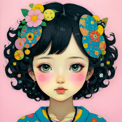 painter doll,artist doll,japanese doll,soft pastel,peach blossom,japanese kawaii,girl doll,tumbling doll,the japanese doll,geisha girl,doll's facial features,cherry blossom,mari makinami,pink cherry blossom,girl portrait,fantasy portrait,shirakami-sanchi,girl in flowers,kawaii girl,doll face,Illustration,Japanese style,Japanese Style 16
