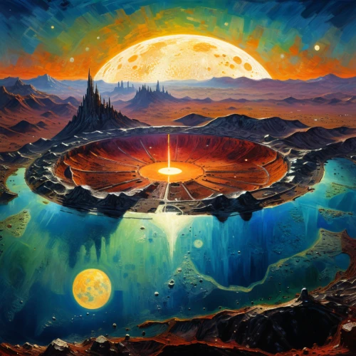 lunar landscape,phase of the moon,futuristic landscape,valley of the moon,alien planet,fantasy landscape,terraforming,planet eart,mirror of souls,alien world,heliosphere,copernican world system,shamanism,moonscape,celestial bodies,planetary system,mushroom landscape,fantasy picture,sun moon,fantasy art,Art,Artistic Painting,Artistic Painting 04