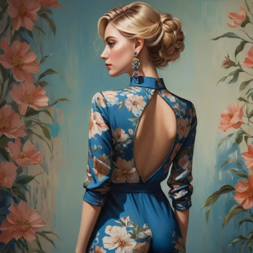 vintage floral,flower painting,floral,floral dress,girl in flowers,updo,floral background,fashion illustration,magnolia,floral composition,flora,peony,floral japanese,blue jasmine,girl in a long dress from the back,digital painting,chignon,evening dress,blue hydrangea,gardenia,Conceptual Art,Fantasy,Fantasy 15