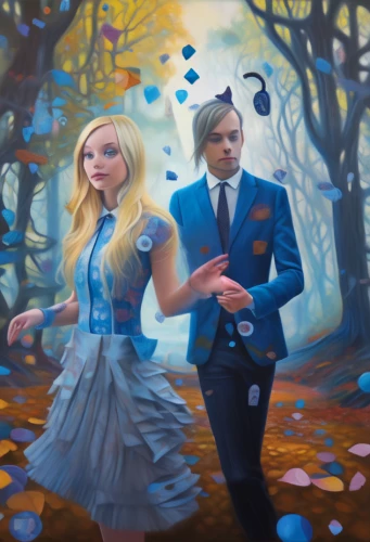alice in wonderland,fantasy picture,wedding couple,dancing couple,sci fiction illustration,wonderland,world digital painting,autumn background,background image,oil painting on canvas,autumn walk,a fairy tale,wedding icons,blue painting,way of the roses,silver wedding,young couple,adam and eve,oil on canvas,fairy tale
