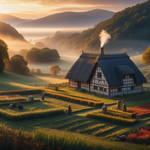 home landscape,carpathians,alpine pastures,fantasy landscape,rural landscape,farm landscape,lonely house,alsace,countryside,red barn,romania,landscape background,farmstead,autumn morning,little house,swiss house,house in mountains,mountain village,alpine village,autumn idyll,Photography,General,Fantasy