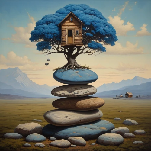 home landscape,isolated tree,tree house,floating island,surrealism,equilibrist,ancient house,little house,lonely house,lone tree,housetop,tree thoughtless,small house,equilibrium,unhoused,woman house,real-estate,bird house,house painting,surrealistic,Photography,Artistic Photography,Artistic Photography 14