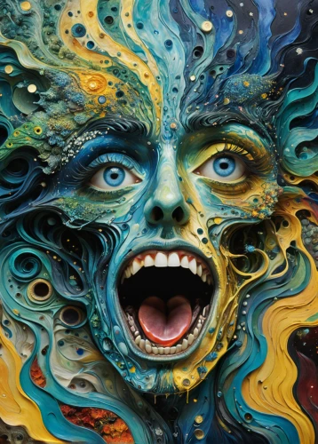 psychedelic art,astonishment,bodypainting,medusa,distorted,siren,psychedelic,exploding head,psychosis,fractalius,hallucinogenic,vortex,oil painting on canvas,acid,acid lake,scream,bodypaint,woman face,street artist,body painting,Conceptual Art,Daily,Daily 14