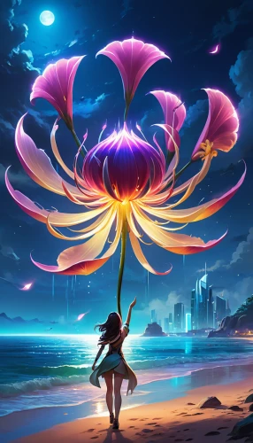 beach moonflower,lotus blossom,skyflower,cosmos wind,sacred lotus,water lotus,flower bird of paradise,cosmic flower,moonflower,parasol,bird of paradise,magic star flower,flower fairy,lotus flower,flower of water-lily,passion bloom,anemone of the seas,waterlily,star anemone,sea anemone,Illustration,Realistic Fantasy,Realistic Fantasy 01