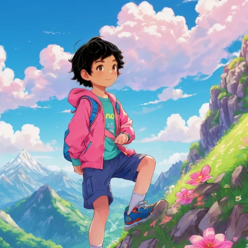 meteora,mountain guide,springtime background,studio ghibli,spring background,the spirit of the mountains,mountain world,hiker,girl and boy outdoor,mowgli,mountain,adventure,children's background,little girl in wind,hike,mountain hiking,little clouds,wander,background image,flying girl