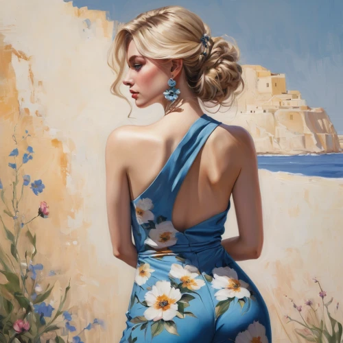 blue jasmine,italian painter,girl from behind,scilla,girl in flowers,desert flower,flower painting,blue painting,the blonde in the river,seaside daisy,girl in a long dress from the back,cape marguerite,jasmine blue,magnolia,by the sea,blonde woman,sea breeze,bodice,girl on the dune,marguerite,Conceptual Art,Fantasy,Fantasy 15