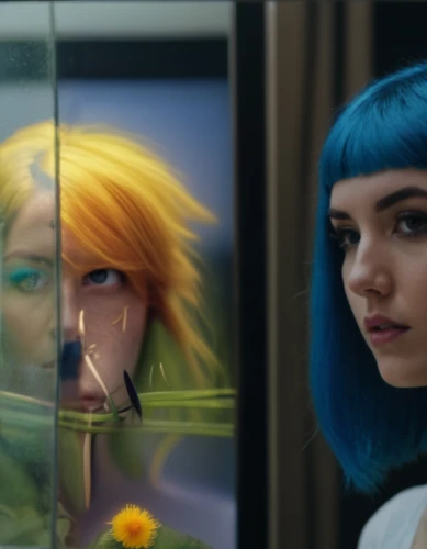 transistor,dialogue window,valerian,doll looking in mirror,looking glass,yellow and blue,nerve,dialogue windows,self-reflection,digital compositing,passengers,in the mirror,mirrors,shopwindow,mirror image,x-men,the mirror,mirror reflection,transistor checking,cosplay image