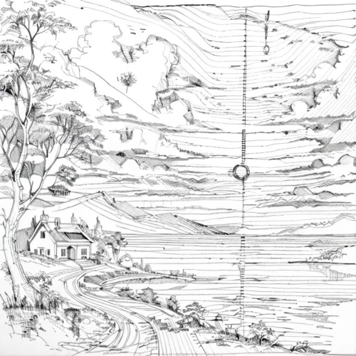 landscape plan,treasure map,pencil and paper,sheet drawing,navigation,hand-drawn illustration,game drawing,the wind from the sea,sketchbook,pencil lines,wind finder,bird migration,an island far away landscape,planisphere,landscape,the sea,pencils,orrery,background paper,landscape with sea,Design Sketch,Design Sketch,Hand-drawn Line Art
