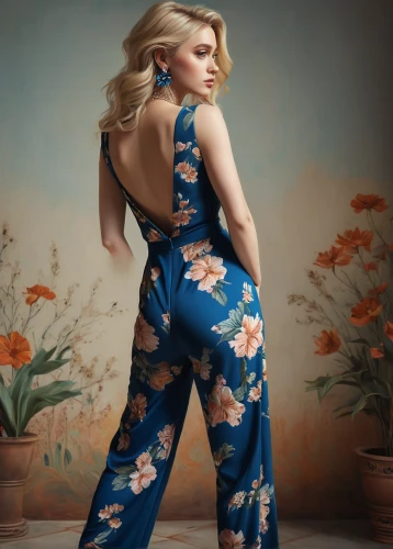 pantsuit,vintage floral,floral,retro flowers,floral background,jumpsuit,woman's backside,floral mockup,girl in flowers,colorful floral,floral dress,vintage flowers,denim jumpsuit,girl in a long dress from the back,pin-up model,flower fabric,flower painting,girl from behind,magnolia,floral pattern,Conceptual Art,Fantasy,Fantasy 15