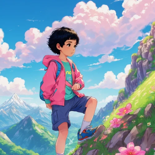 meteora,studio ghibli,springtime background,mountain guide,wander,spring background,mountain world,falling flowers,adventure,mountain,girl and boy outdoor,girl in flowers,girl picking flowers,blooming field,the spirit of the mountains,hiker,bloom,mulan,picking flowers,flying girl