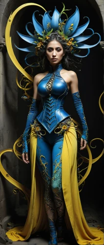 blue enchantress,fantasy woman,bodypainting,body painting,the enchantress,fantasy art,warrior woman,queen of the night,sorceress,yellow and blue,heroic fantasy,goddess of justice,celtic queen,bodypaint,brazil carnival,female warrior,costume design,queen bee,fantasy picture,faery,Illustration,Abstract Fantasy,Abstract Fantasy 18