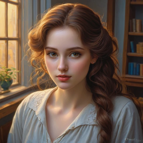 romantic portrait,mystical portrait of a girl,fantasy portrait,portrait of a girl,girl portrait,young woman,victorian lady,young lady,romantic look,emile vernon,jane austen,fantasy art,woman portrait,girl studying,world digital painting,girl with bread-and-butter,digital painting,oil painting,gothic portrait,artist portrait,Illustration,Realistic Fantasy,Realistic Fantasy 27