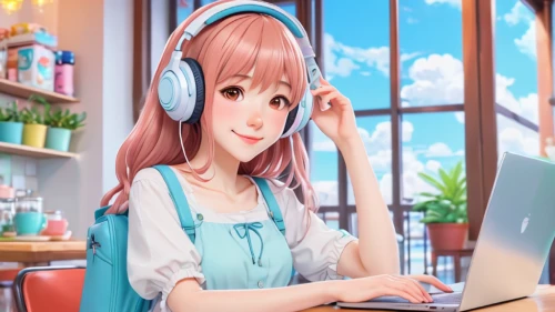 girl at the computer,girl studying,anime 3d,music background,anime girl,torekba,listening to music,headphone,anime cartoon,tsumugi kotobuki k-on,cpu,blur office background,wireless headset,lan,computer game,online date,online support,headset,blogs music,honmei choco,Illustration,Japanese style,Japanese Style 02