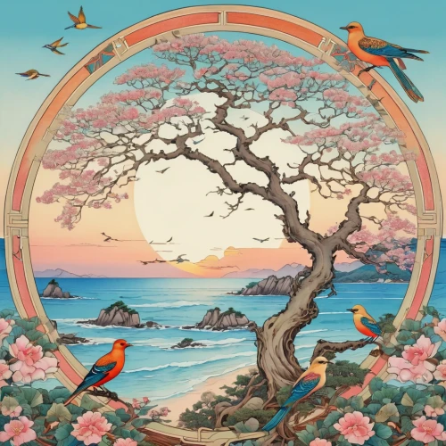floral and bird frame,oriental painting,blue birds and blossom,flower and bird illustration,birds on a branch,peach tree,japanese floral background,tropical birds,bird kingdom,birds on branch,bird bird kingdom,songbirds,japanese sakura background,old world oriole,colorful tree of life,humming birds,birds of the sea,the japanese tree,springtime background,bird frame