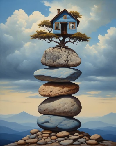 home landscape,equilibrist,housetop,houses clipart,lonely house,stone house,floating island,small house,cairn,little house,balancing act,world digital painting,roof landscape,house painting,equilibrium,inverted cottage,surrealism,house insurance,woman house,crooked house,Photography,Artistic Photography,Artistic Photography 14