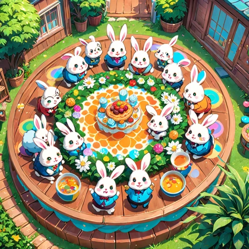 rabbit family,garden party,cat's cafe,easter rabbits,bunnies,rabbits,easter theme,round kawaii animals,round table,tea party,long table,family gathering,easter festival,rabbits and hares,frog gathering,whipped cream castle,circle of friends,marshmallow art,white rabbit,kawaii foods,Anime,Anime,Traditional