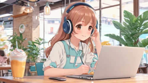 tsumugi kotobuki k-on,girl at the computer,coffee background,laptop,girl studying,online date,laptop accessory,laptop screen,anime 3d,hojicha,coffee shop,drinking coffee,torekba,woman at cafe,mousepad,anime cartoon,cute coffee,in a working environment,blur office background,coffeetogo,Illustration,Japanese style,Japanese Style 01