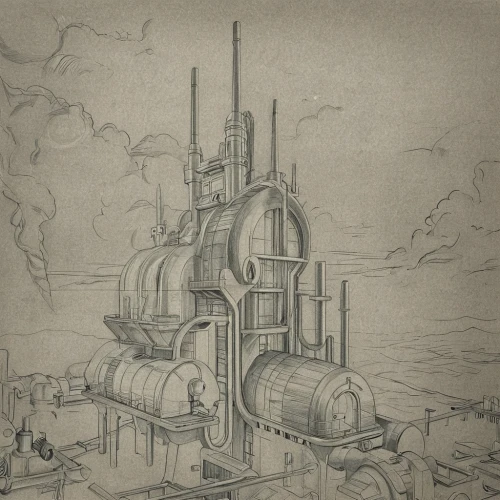 industrial landscape,refinery,industrial plant,concrete plant,heavy water factory,industrial ruin,chemical plant,industrial tubes,airships,industries,industry,factory ship,shipyard,turrets,dust plant,industrial,industrial area,steampunk,concept art,submersible,Design Sketch,Design Sketch,Pencil