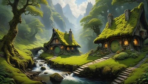 fairy village,house in the forest,druid grove,fantasy landscape,mountain settlement,home landscape,house in mountains,mountain village,house in the mountains,alpine village,hobbiton,aurora village,elven forest,fairy house,escher village,knight village,cartoon video game background,devilwood,witch's house,fantasy picture,Illustration,Realistic Fantasy,Realistic Fantasy 03