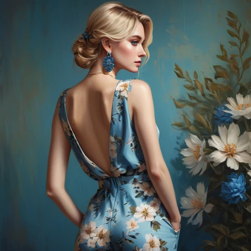 blue jasmine,flower painting,floral dress,vintage floral,fashion illustration,digital painting,floral background,girl in flowers,blue daisies,floral,girl in a long dress from the back,blue hydrangea,evening dress,a girl in a dress,blue rose,blue petals,girl in a long dress,fabric painting,blue flowers,blue painting,Conceptual Art,Fantasy,Fantasy 15