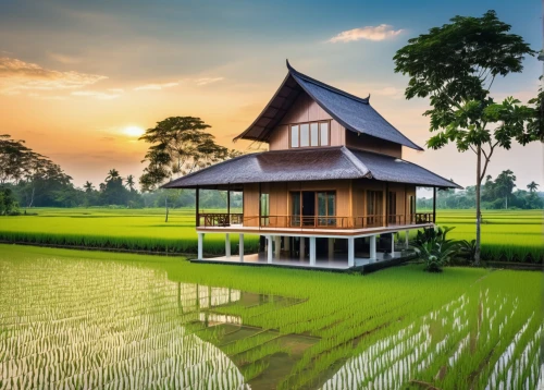 ricefield,rice field,the rice field,rice fields,rice paddies,paddy field,rice cultivation,asian architecture,yamada's rice fields,home landscape,indonesia,traditional house,stilt house,wooden house,stilt houses,ubud,house with lake,paddy harvest,grass roof,rice terrace,Photography,General,Realistic