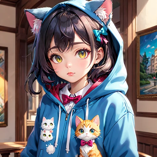 heterochromia,cat's cafe,domestic short-haired cat,nyan,cat with blue eyes,cute cat,anime japanese clothing,calico cat,cat child,hoodie,cat kawaii,cat,cg artwork,portrait background,kitten,kitty,nico,calico,young cat,kitsune,Anime,Anime,General