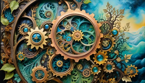 steampunk gears,fractals art,grandfather clock,panel,decorative art,clockmaker,theater curtain,cogs,wall panel,art nouveau frame,stage curtain,art nouveau,decorative element,cuckoo clock,decorative fan,fractal art,art nouveau design,wind chime,ornamental dividers,golden wreath,Illustration,Realistic Fantasy,Realistic Fantasy 13