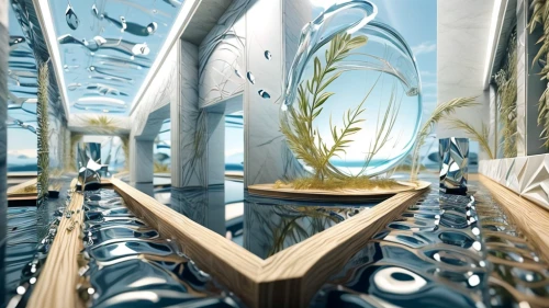 underwater playground,aqua studio,futuristic architecture,glass tiles,futuristic art museum,panoramical,aquarium decor,floor fountain,water plant,futuristic landscape,aquarium,glass painting,mirror house,water plants,structural glass,glass wall,glass roof,virtual landscape,water stairs,glass series