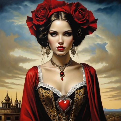 queen of hearts,gothic portrait,romantic portrait,heart with crown,red heart medallion,red rose,fantasy art,red heart,lady in red,gothic woman,red roses,bleeding heart,victorian lady,red heart medallion in hand,comely,the carnival of venice,red tunic,fantasy portrait,mystical portrait of a girl,art painting,Illustration,Realistic Fantasy,Realistic Fantasy 10