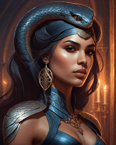 cleopatra,fantasy portrait,sorceress,fantasy art,ancient egyptian girl,blue enchantress,jaya,fantasy woman,priestess,zodiac sign libra,medusa,athena,female warrior,the enchantress,blue snake,warrior woman,head woman,wonderwoman,arabian,serpent,Conceptual Art,Fantasy,Fantasy 17