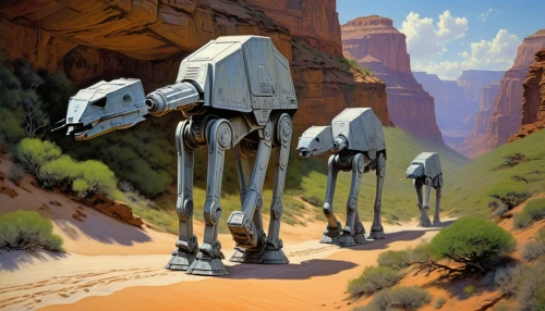 guards of the canyon,droids,cg artwork,storm troops,limb males,sci fiction illustration,travelers,patrols,at-at,pathfinders,imperial,sci fi,fallen giants valley,caravan,star wars,nomads,concept art,futuristic landscape,starwars,overtone empire,Illustration,Realistic Fantasy,Realistic Fantasy 03