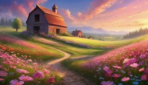 meadow landscape,meadow in pastel,home landscape,fantasy landscape,landscape background,flower meadow,flower field,flowering meadow,blooming field,field of flowers,salt meadow landscape,spring meadow,summer meadow,beautiful landscape,springtime background,meadow,rural landscape,flowers field,mountain meadow,purple landscape,Illustration,Realistic Fantasy,Realistic Fantasy 01