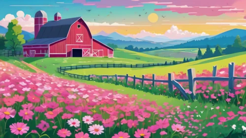 farm background,springtime background,meadow in pastel,farm landscape,flower field,meadow landscape,blooming field,spring background,landscape background,field of flowers,flowers field,salt meadow landscape,red barn,pink daisies,pink grass,flower meadow,flower background,background vector,summer meadow,clover meadow,Illustration,Japanese style,Japanese Style 06