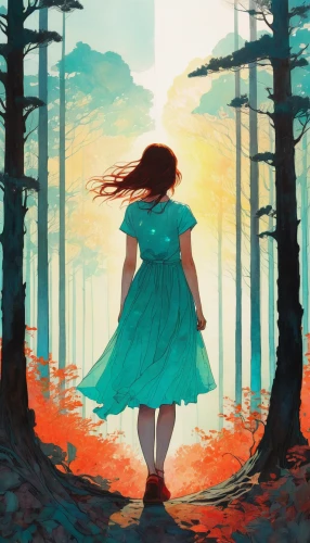 forest walk,girl with tree,forest of dreams,digital illustration,ballerina in the woods,forest path,digital painting,girl walking away,in the forest,girl in a long dress,world digital painting,little girl in wind,forest,mystical portrait of a girl,wander,the forest,a girl in a dress,digital art,forest background,digital artwork,Illustration,Paper based,Paper Based 19