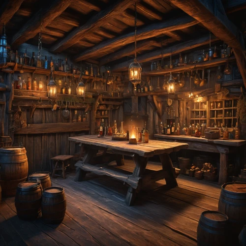 apothecary,tavern,candlemaker,collected game assets,brandy shop,potions,tinsmith,blacksmith,workbench,blackhouse,liquor bar,wine tavern,drinking establishment,treasure house,witch's house,wooden beams,unique bar,wine cellar,treasure chest,wooden construction,Photography,General,Fantasy