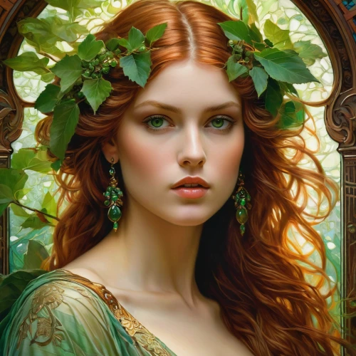 green wreath,dryad,fantasy portrait,faery,poison ivy,girl in a wreath,laurel wreath,faerie,celtic queen,golden wreath,mystical portrait of a girl,emile vernon,fantasy art,celtic woman,romantic portrait,merida,rose wreath,the enchantress,ivy,fae,Conceptual Art,Fantasy,Fantasy 05