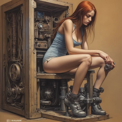 girl at the computer,girl with a wheel,mechanic,shoe repair,holding shoes,girl sitting,shoe cabinet,clockmaker,watchmaker,pedestal,portrait photographers,music chest,woman thinking,barmaid,girl in the kitchen,leather boots,kneeling,armoire,steel-toed boots,telephone operator,Photography,General,Commercial