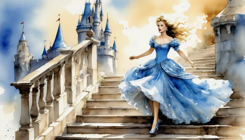 fairy tale character,cinderella,cinderella's castle,cinderella castle,fashion illustration,watercolor blue,watercolor pin up,fairy tale,fairytale,watercolor painting,fairy tales,fairytales,the snow queen,girl on the stairs,fairy tale castle,princess sofia,fantasy art,celtic woman,fairytale characters,fantasy picture,Conceptual Art,Daily,Daily 03