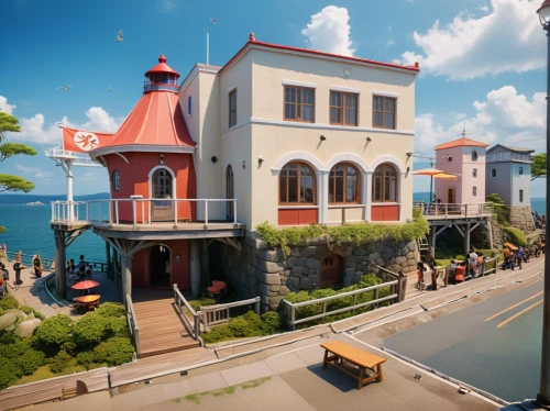 seaside resort,development concept,popeye village,house of the sea,crane houses,resort town,stone town,victorian,hanging houses,beautiful buildings,concept art,wooden houses,seaside country,seaside view,valparaiso,house by the water,townhouses,crooked house,curacao,3d rendering,Photography,General,Cinematic