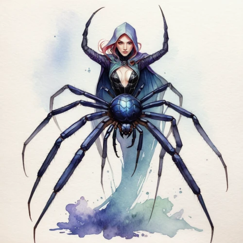 widow spider,widow,blue enchantress,arachnid,black widow,widow flower,spider,watercolor blue,arthropod,atala,the sea maid,watercolor sketch,queen of the night,zodiac sign libra,tarantula,watercolor,evil fairy,sorceress,amano,black crab,Illustration,Realistic Fantasy,Realistic Fantasy 15