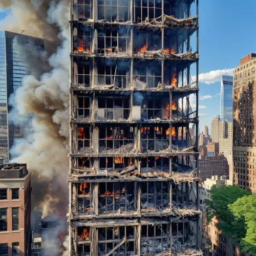 september 11,fire damage,wtc,911,9 11,fire disaster,the conflagration,fire ladder,burned down,building rubble,fire alarm system,demolition,newspaper fire,conflagration,fire safety,fire sprinkler system,hfd,1wtc,1 wtc,city in flames,Photography,General,Realistic