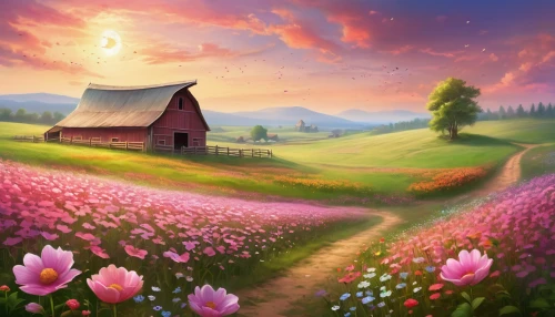 meadow landscape,landscape background,meadow in pastel,blooming field,flower field,springtime background,field of flowers,home landscape,spring background,flower background,flower meadow,flowering meadow,purple landscape,flowers field,tulip field,rural landscape,salt meadow landscape,pink grass,farm landscape,spring meadow,Illustration,Realistic Fantasy,Realistic Fantasy 01