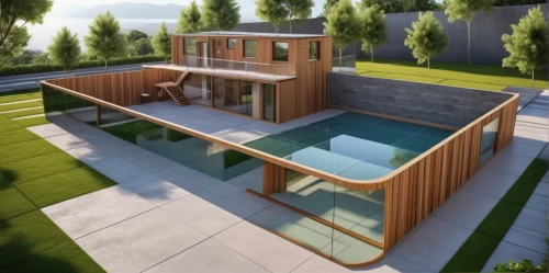 dug-out pool,3d rendering,pool house,landscape design sydney,landscape designers sydney,wooden decking,outdoor pool,modern house,garden design sydney,roof top pool,swimming pool,artificial grass,cubic house,mid century house,infinity swimming pool,luxury property,flat roof,decking,summer house,render,Photography,General,Realistic