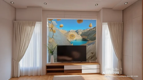 projection screen,stucco ceiling,sky apartment,skylight,3d rendering,flat panel display,modern room,great room,interior decoration,room divider,gold stucco frame,window treatment,search interior solutions,ceiling light,stucco wall,modern decor,window with sea view,sky space concept,sleeping room,virtual landscape,Photography,General,Realistic