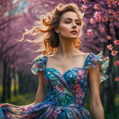 girl in flowers,floral dress,beautiful girl with flowers,spring background,springtime background,colorful floral,vintage floral,floral background,spring blossom,floral,colors of spring,girl in a long dress,spring blossoms,spring bloom,flower fairy,ballerina in the woods,magnolia blossom,daphne flower,japanese floral background,floral japanese,Photography,General,Fantasy