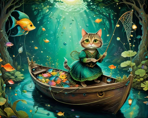 fantasy picture,magical adventure,children's fairy tale,fishing float,fairy tale character,fairy tale,fairy world,fantasy art,whimsical animals,forest fish,alice in wonderland,children's background,wonderland,mermaid background,wishing well,tea party cat,rescue alley,ritriver and the cat,fantasia,a fairy tale,Illustration,Realistic Fantasy,Realistic Fantasy 05