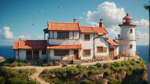 house of the sea,lighthouse,house roofs,popeye village,fisherman's house,bird kingdom,red lighthouse,crane houses,ancient house,treasure house,house by the water,fairy tale castle,roof landscape,seaside resort,petit minou lighthouse,monkey island,little house,gold castle,floating island,floating huts,Photography,General,Cinematic