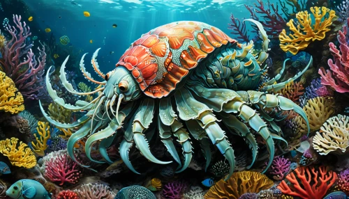 nautilus,coral guardian,coral reef,deep sea nautilus,sea animal,trilobite,marine animal,sea-life,coral fish,under sea,marine biology,aquarium,coral,marine life,sea life underwater,underwater background,marine diversity,under the sea,sea creatures,aquarium decor,Illustration,Realistic Fantasy,Realistic Fantasy 06