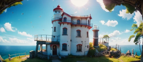 house of the sea,lighthouse,studio ghibli,summer cottage,red lighthouse,treasure house,little house,fairy tale castle,water castle,seaside resort,house by the water,fairytale castle,seaside country,dandelion hall,light house,ms island escape,petit minou lighthouse,delight island,villa,peninsula,Photography,General,Cinematic